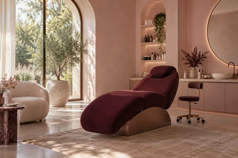 Poltrona color borgogna in uno studio di estetica, immagine dimostrativa