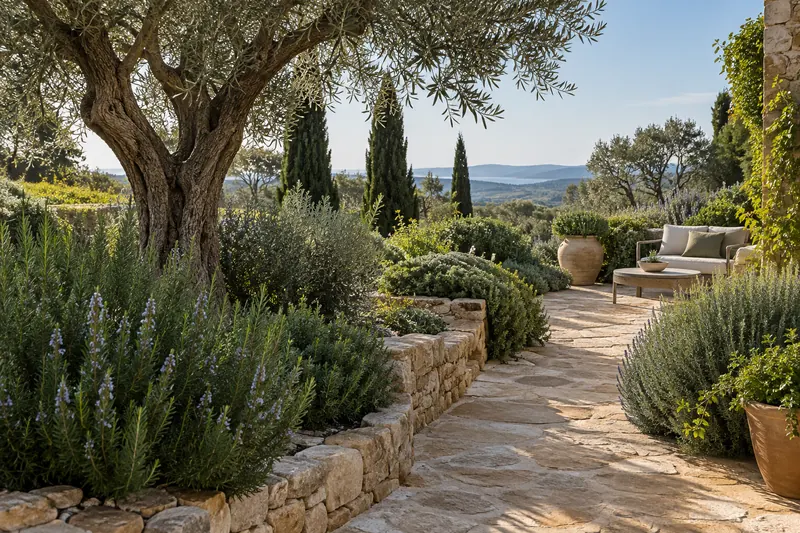 Giardino mediterraneo con ulivo e sentiero in pietra, immagine dimostrativa